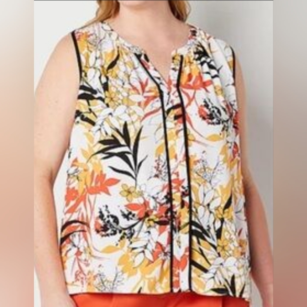 Liz Claiborne Floral Sleeveless Blouse - White, Orange, Black (8103)